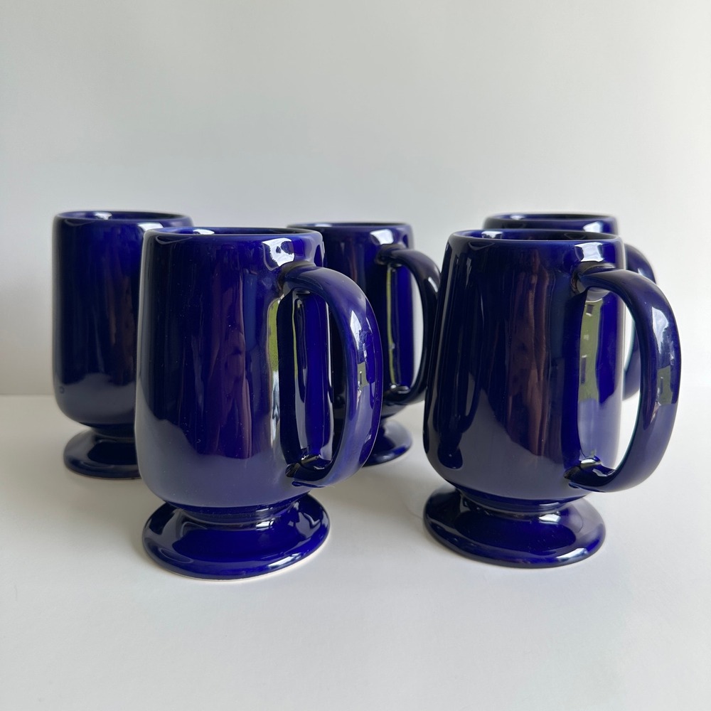 Cobalt Blue Pedestal Mugs Ceramic Modern GUC Set of 5